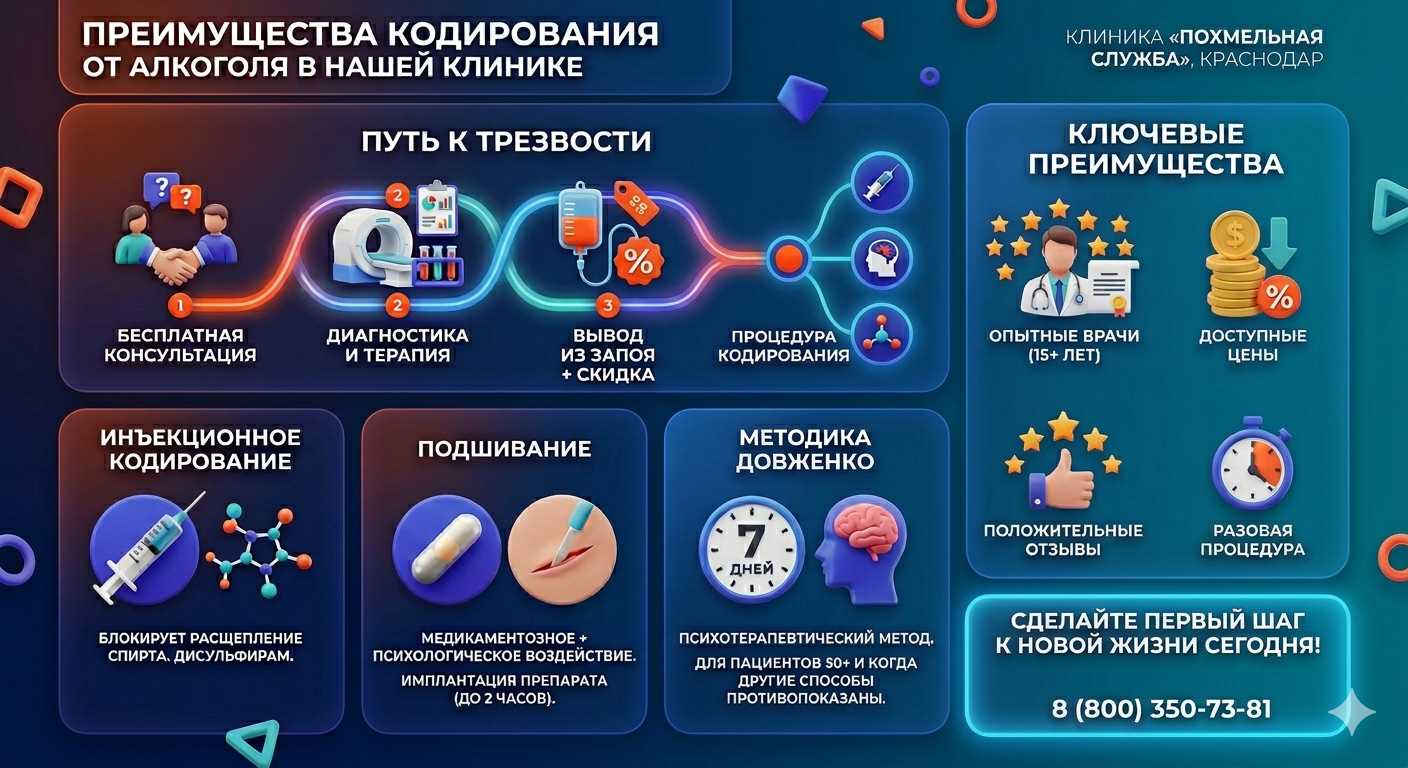 Инфографика о методах кодирования от алкоголя в Майском: инъекции, подшивание, метод Довженко. Преимущества клиники и этапы лечения.