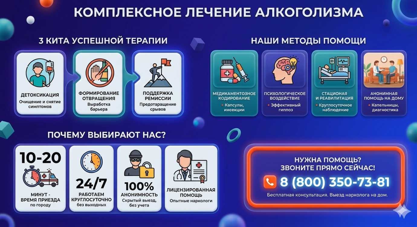 Инфографика о методах лечения алкоголизма в Майском: детоксикация, кодирование и анонимная помощь на дому от клиники Похмельная служба.
