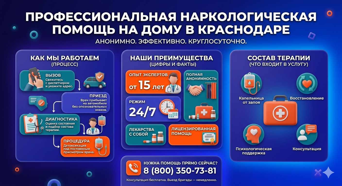 Инфографика о принципах лечения алкоголизма на дому в Майском: этапы вызова нарколога, преимущества анонимной детоксикации и состав медицинской помощи.